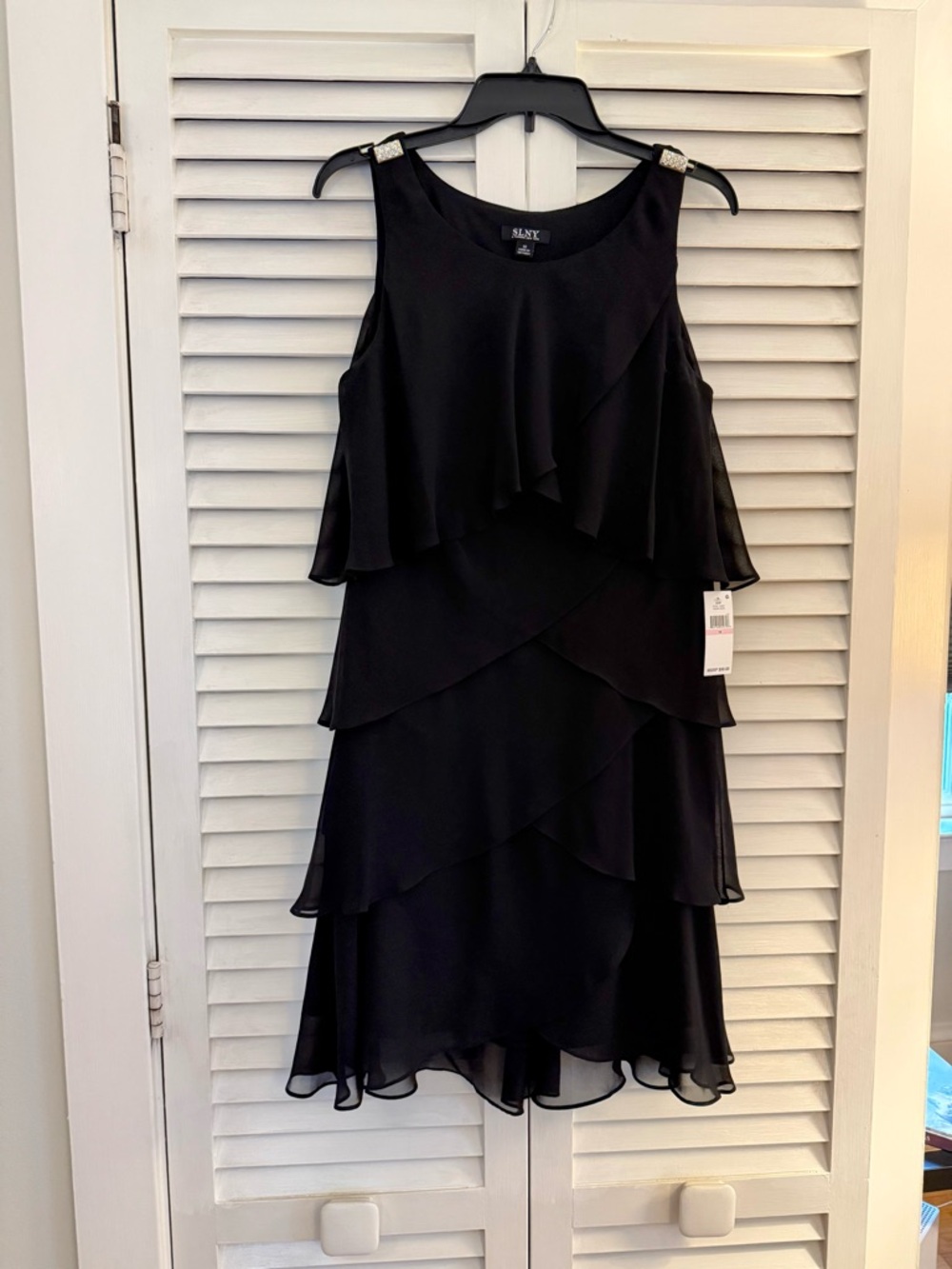 SLNY Black Layered Chiffon Midi Dress with Embellished Straps